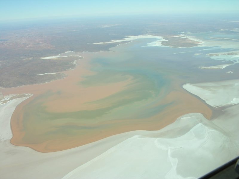 An aerial photo of the dry salt flat of Lake Torrens National Park