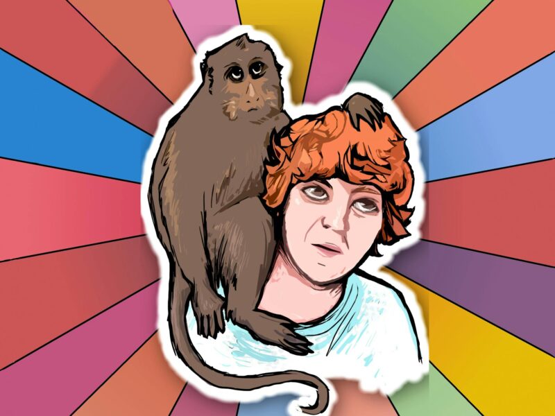 Cartoon of a man with a mmonkey on his shoulder