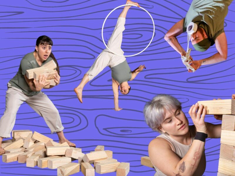 three acrobats are featured against a purple, wood-grain background